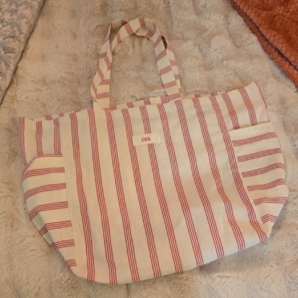 Zara Red and White Striped Tote Bag